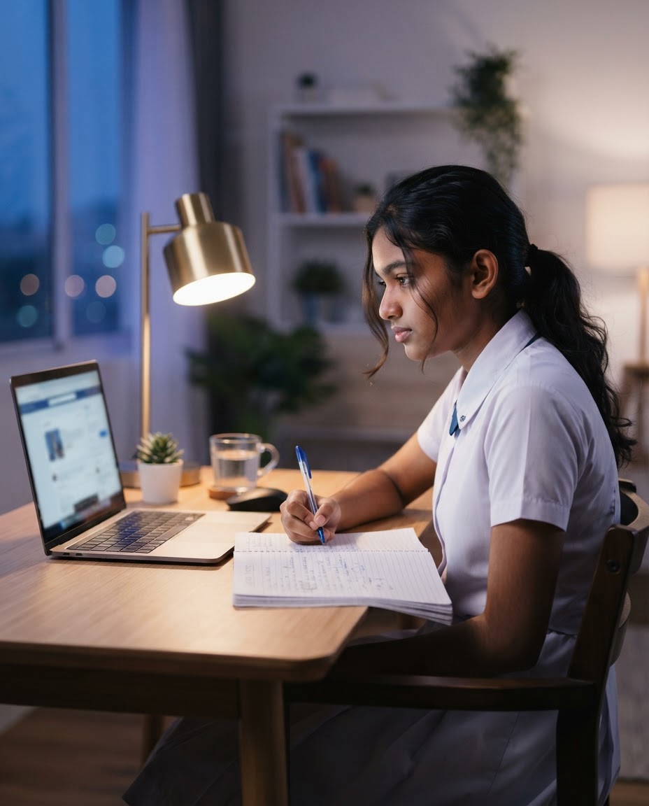 A student taking notes beside her laptop at home
